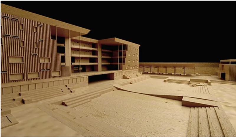 Physical model showing courtyard with stepped seating and multi-story buildings with vertical screen facades