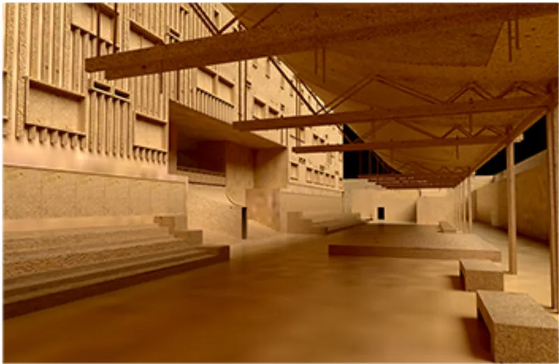 Model interior showing multi-level gathering space with exposed truss ceiling and patterned facade walls