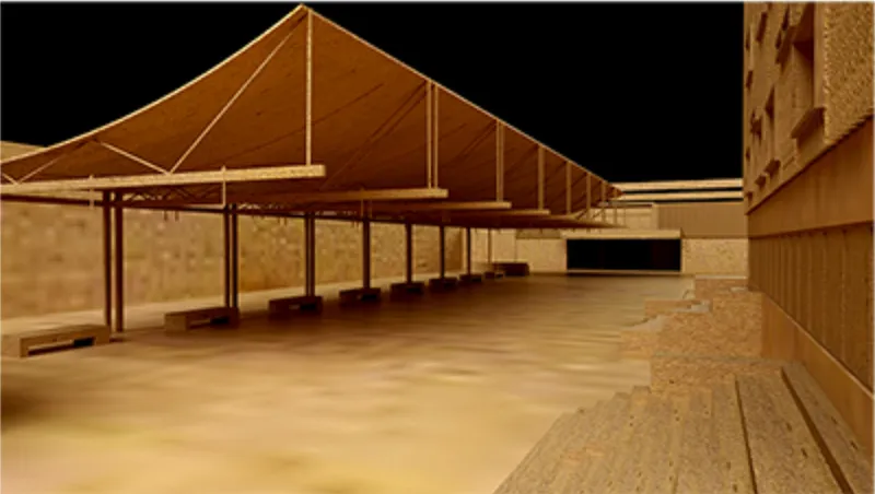 Model showing covered colonnade with tensile fabric roof and stepped concrete retaining wall