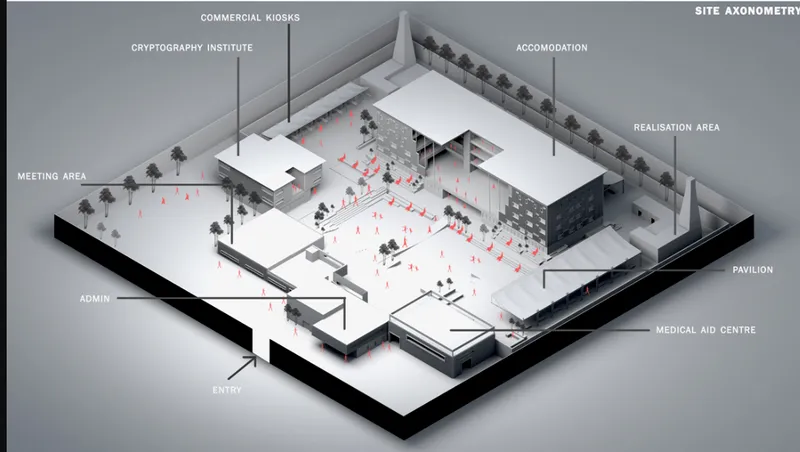 Axonometric drawing showing a compound with labeled zones including commercial kiosks, accommodation, pavilion, and medical aid centre