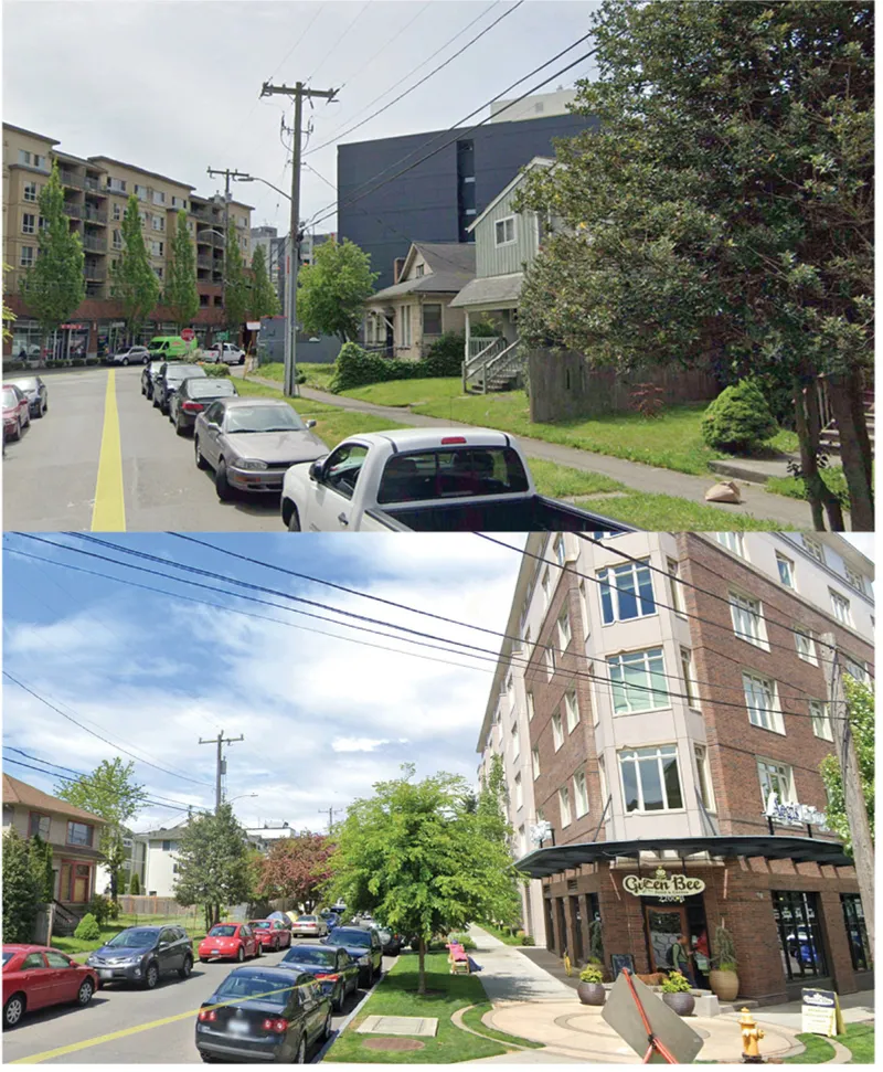 Before and after comparison showing a residential street transformed with new midrise building at the corner