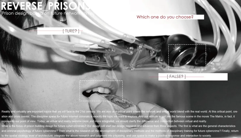 Black and white photograph showing a person wearing virtual reality goggles with cables suspended overhead