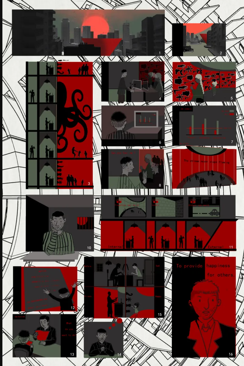 Collage of illustrated interior vignettes showing cells and corridors rendered in red, black and grey tones