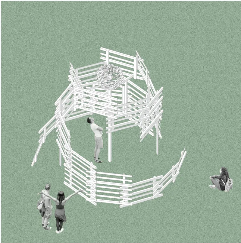 Axonometric drawing of a layered timber pavilion with visitors walking around and through its structure