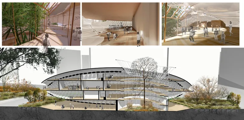 Section drawing showing multi-level interior spaces with trees and visitors beneath a curved roof structure