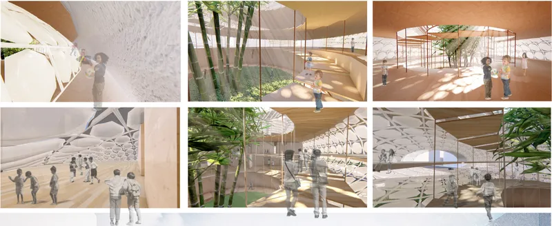 Interior rendering perspectives showing spaces with planted bamboo beneath curved ceilings and dappled sunlight