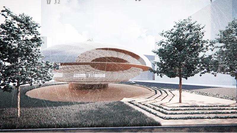 Exterior view of the layered canopy roofs with water fountains and planted trees in the forecourt