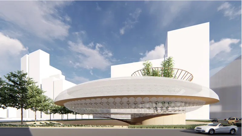 Street view of the disc-shaped roof with planted terrace above and patterned underside between white volumes
