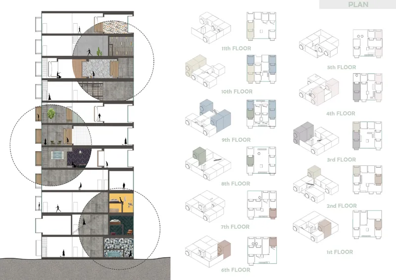 Section drawing and axonometric floor plans showing residential unit layouts stacked across eleven levels