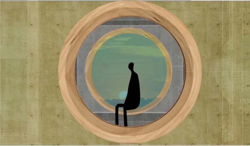 Concentric circular window detail with timber and tile rings framing a silhouetted seated figure