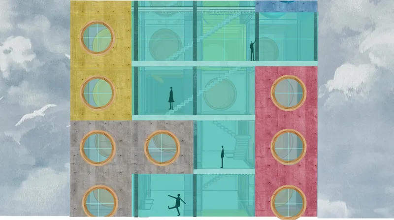 Section drawing through stacked levels with circular windows and figures on translucent glass floors