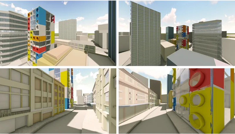 Four rendered views showing multicoloured facade panels and street-level volumes in an urban massing model