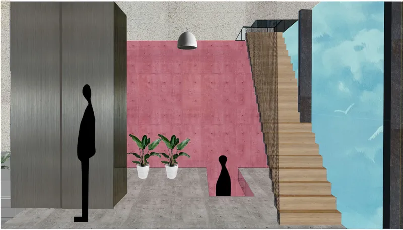 Interior rendering with pink tile wall, timber stair, potted plants and silhouetted figures near an elevator
