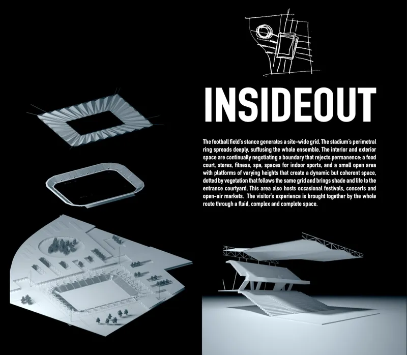 Presentation board displaying axonometric diagrams and physical models of the stadium complex with project text