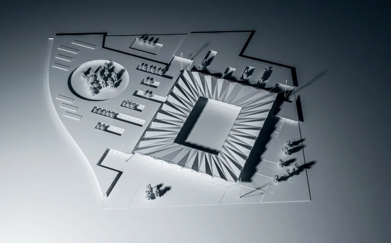 Top-down view of the site model showing the diamond-shaped stadium center with radiating structural ribs