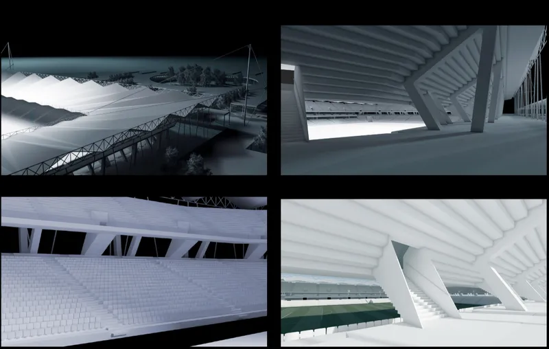 Four model photographs showing entrance ramp, ribbed ceiling detail, stepped seating, and interior concourse perspective