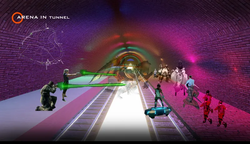 Brick-vaulted tunnel interior with purple and green projected light and figures in a gaming arena
