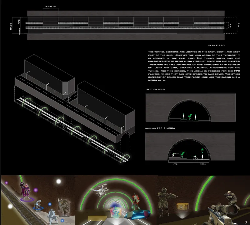 Axonometric and section drawings showing tunnel volumes beneath a linear building mass with arena spaces