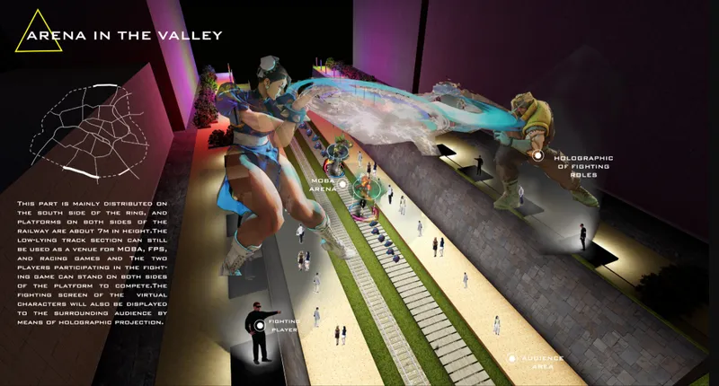 Aerial rendering of a tiered arena space with projected holographic figures and spectators on platforms