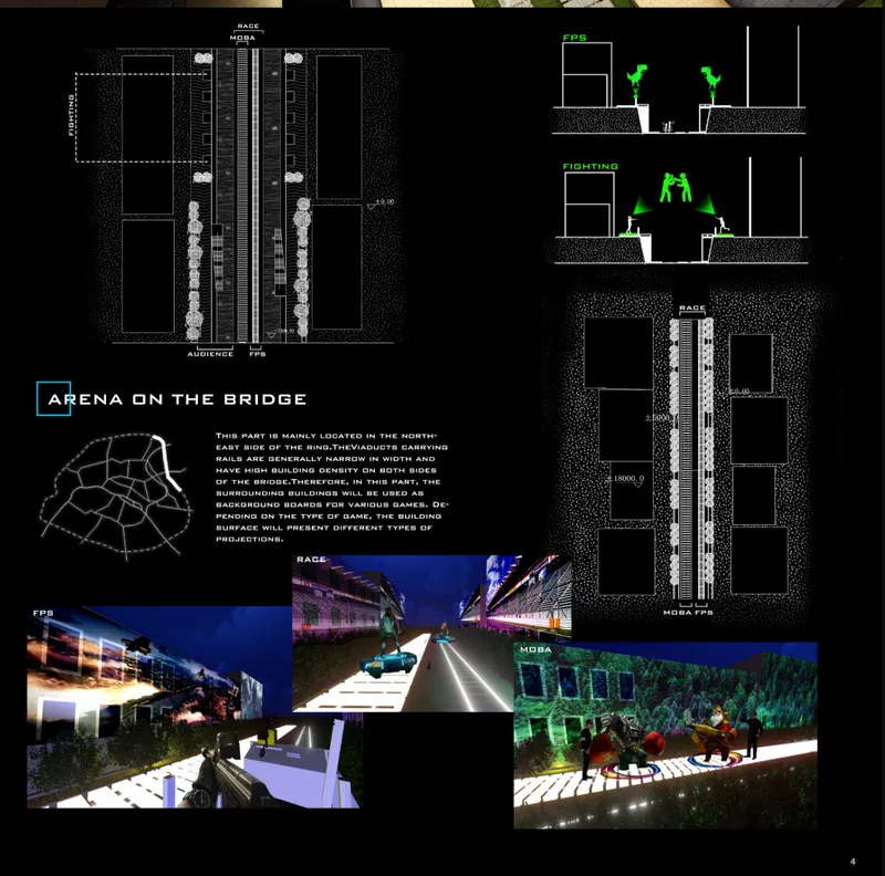 Plan and section drawings with renderings of a bridge-based arena illuminated by purple and white light