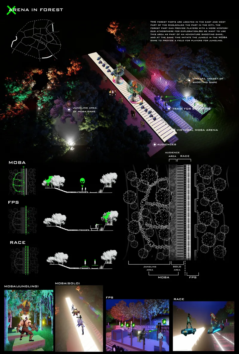 Site plan and elevations showing a linear arena among trees with color-lit gaming zones at night