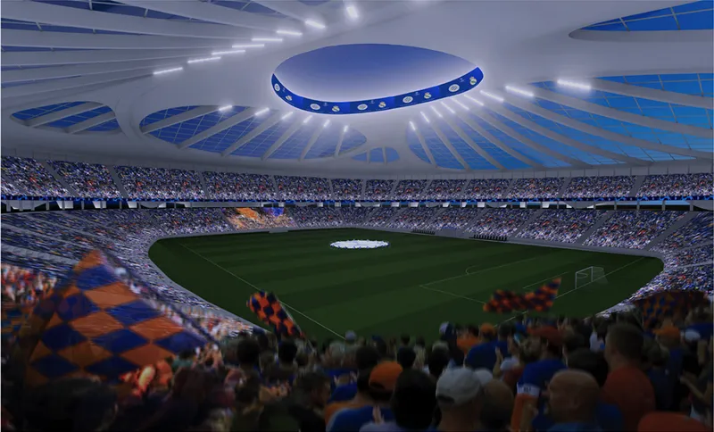 Stadium interior showing radiating roof structure with glazed panels and central oculus above packed spectators