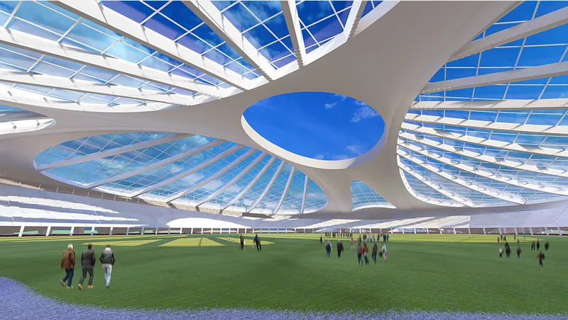 View of the playing field beneath a petal-shaped translucent roof with central circular opening and visitors walking