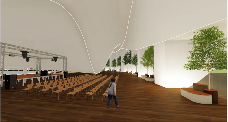 Interior rendering of an auditorium with timber flooring and planted alcoves beside rows of seating