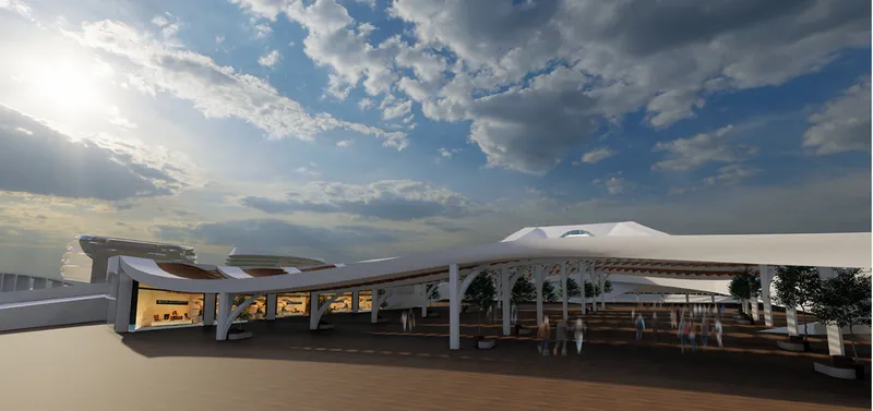 Rooftop terrace with cantilevered canopy and structural supports under a partly cloudy sky at dusk