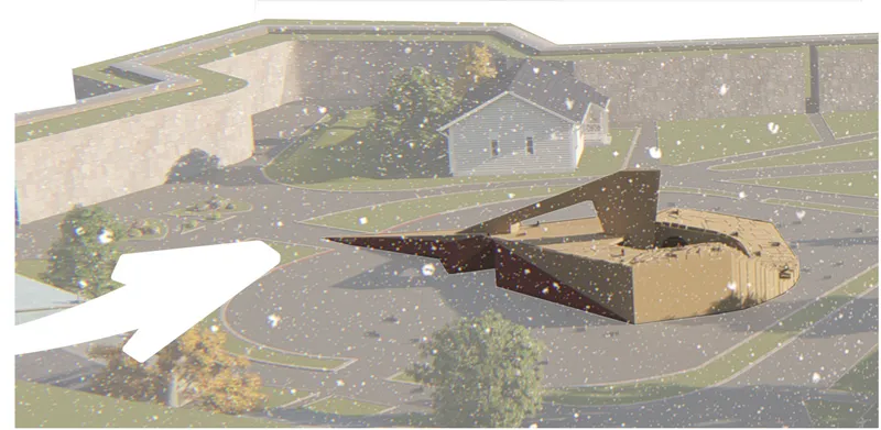 Aerial rendering of the angular sculptural roof with triangular aperture amid falling snow