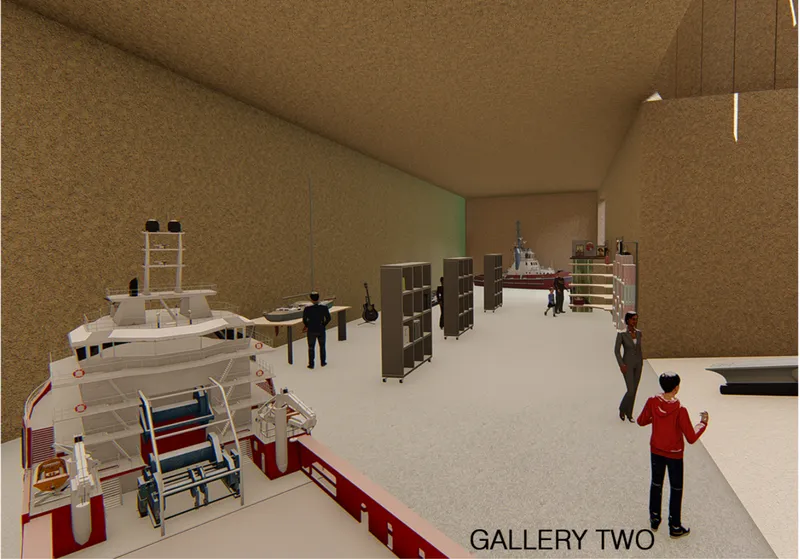 Interior rendering of the gallery space with vaulted textured ceiling and visitors among exhibition displays