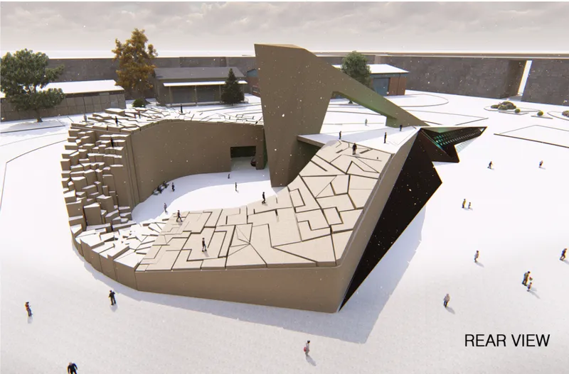 Rear view rendering showing the stepped climbing wall and geometric paving in snow with scattered visitors