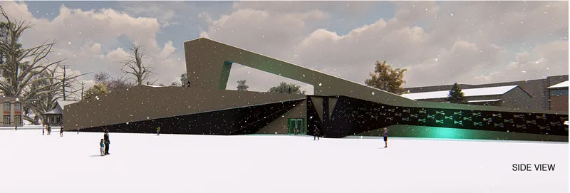 Side elevation rendering of the cantilevered roof planes with green glazing under a cloudy winter sky