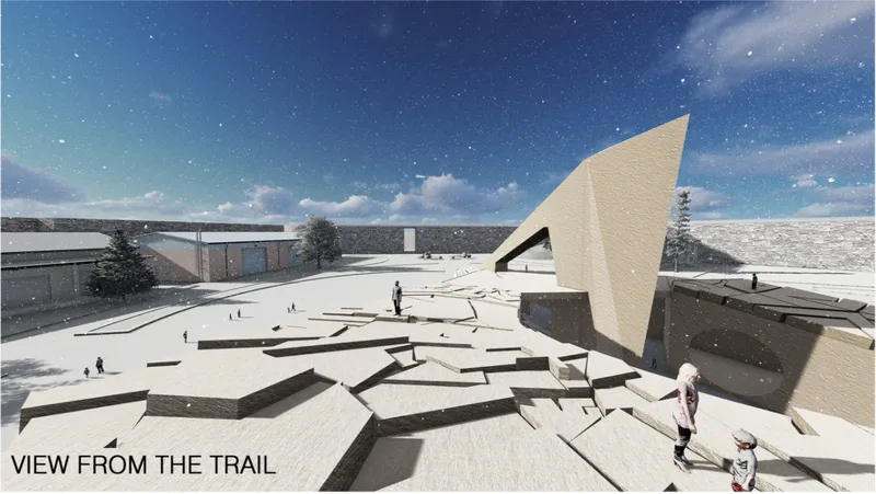 View from the trail showing the fractured plaza levels and triangular sail roof during snowfall