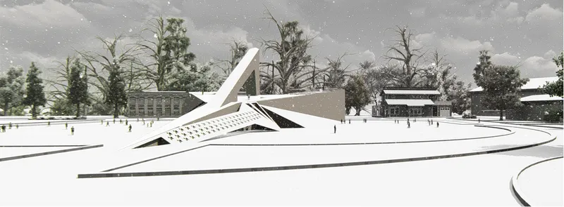 Rendered site view of angular white roof forms emerging from snow-covered ground with scattered evergreen trees