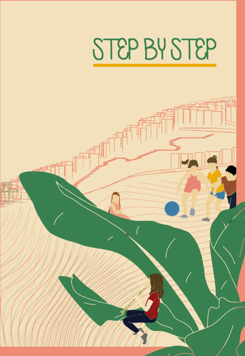 Illustration showing tiered wooden platforms with children playing and green sculptural forms
