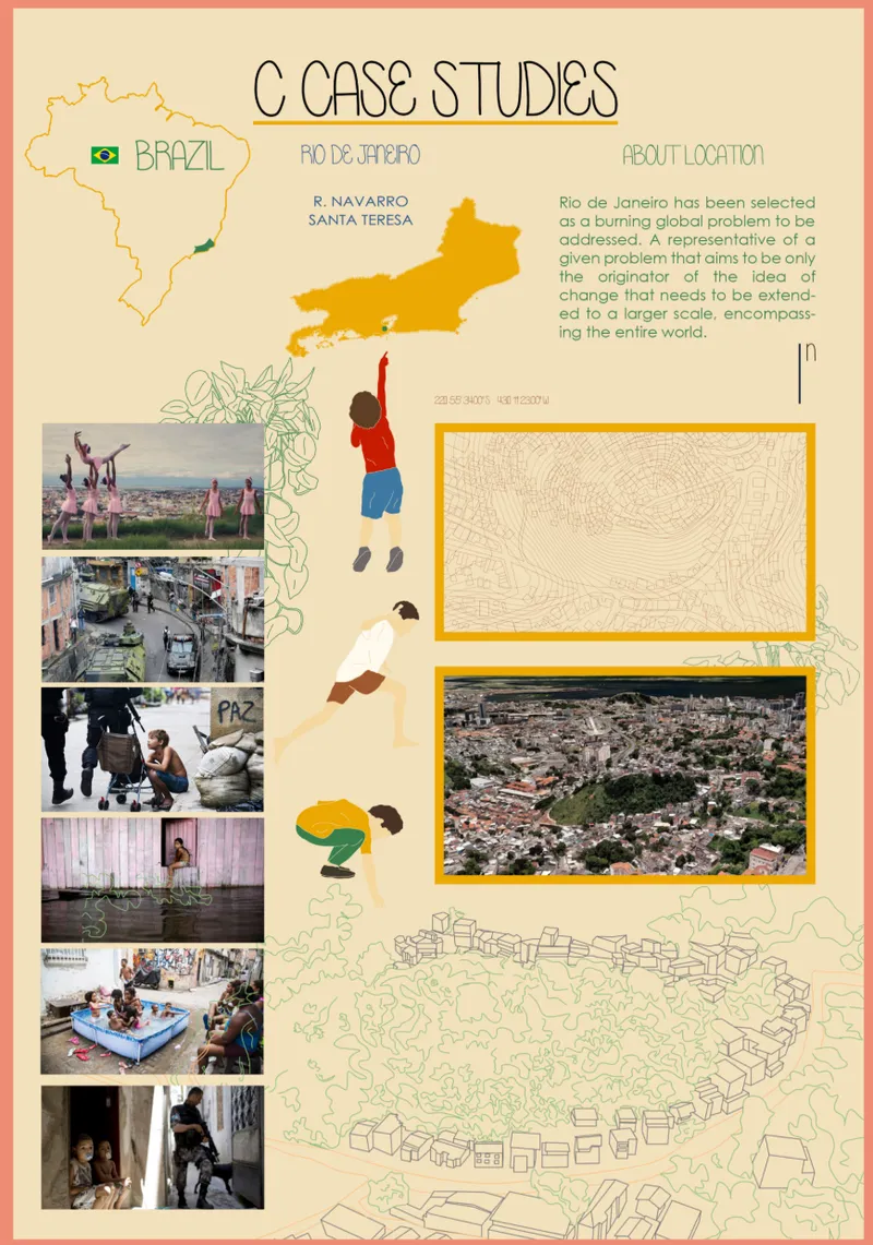 Case study board displaying photographs and maps of a hillside settlement with illustrated figures