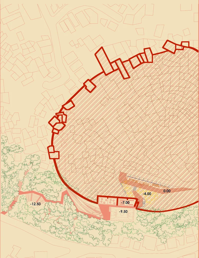 Site plan showing a diagonal intervention along a hillside edge with elevation markers