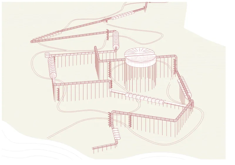 Axonometric drawing showing three lobed volumes connected by ramped circulation paths and vertical columns