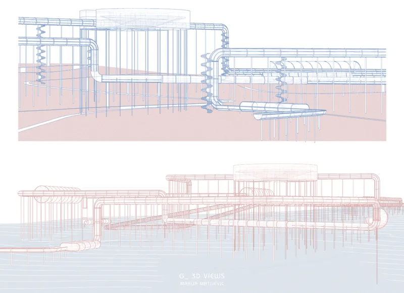 Section and elevation drawings revealing layered structural framing with curved roof profiles and vertical supports