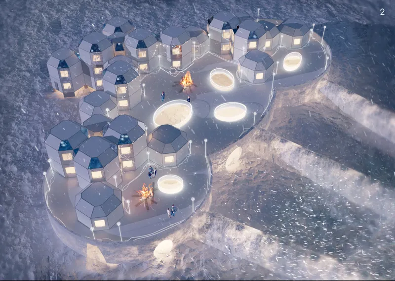 Aerial view of the clustered geodesic domes with illuminated circular skylights at dusk in a snowy landscape