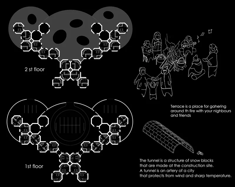 Floor plan drawings showing hexagonal unit arrangements and annotated sketches of communal gathering and tunnel construction