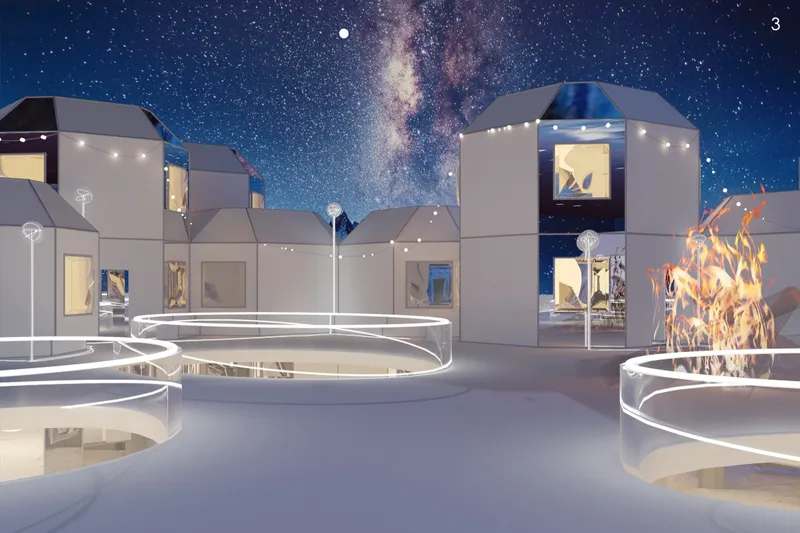 Central courtyard with circular light rings and firepit beneath the Milky Way on a clear night