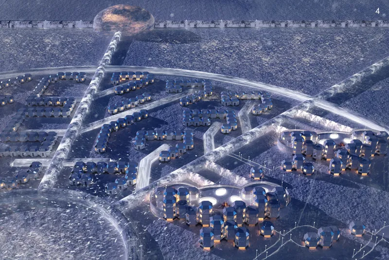 Drone view of the settlement with curved pathways connecting hexagonal clusters and a covered tunnel in snow