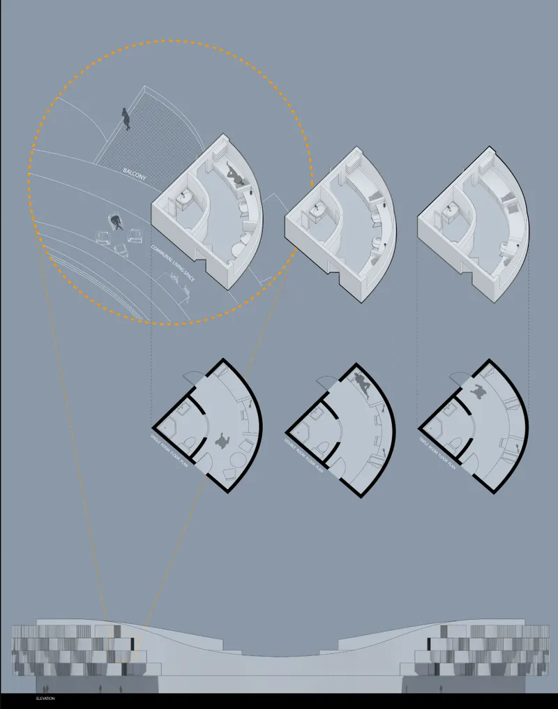 Axonometric and plan drawings of three teardrop-shaped floor levels with sun path diagram and elevation study