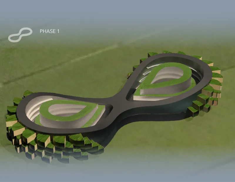 Aerial rendering of a figure-eight-shaped structure with terraced green courtyards surrounded by raised timber supports in fog