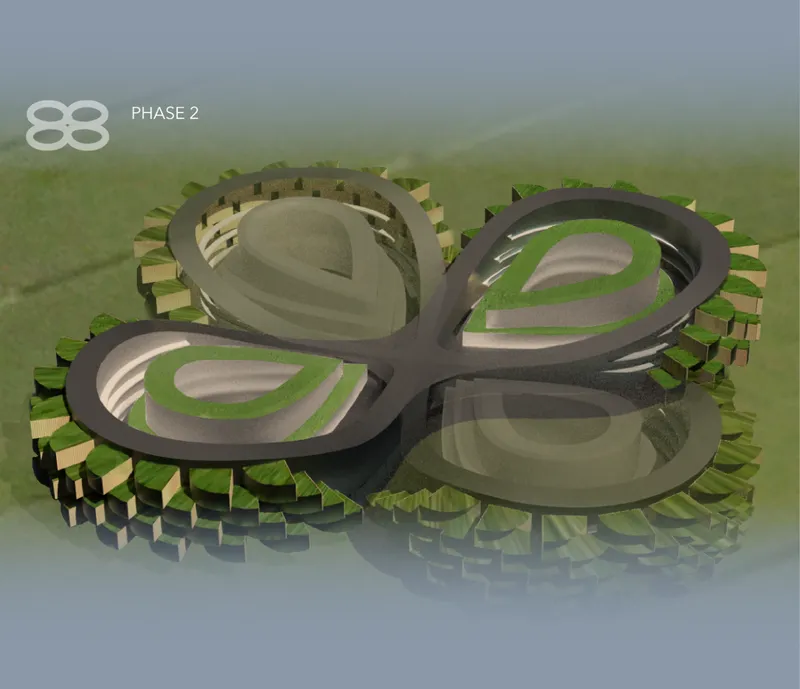 Aerial rendering showing four-lobed cloverleaf plan with terraced courtyards and perimeter timber columns in misty landscape