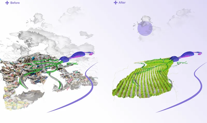 Axonometric comparison showing before and after conditions with waste collection transformed into green agricultural rows