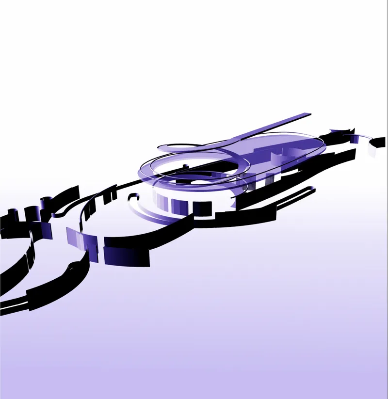 Axonometric drawing in purple tones depicting a spiral circulation ramp connecting multi-level platforms