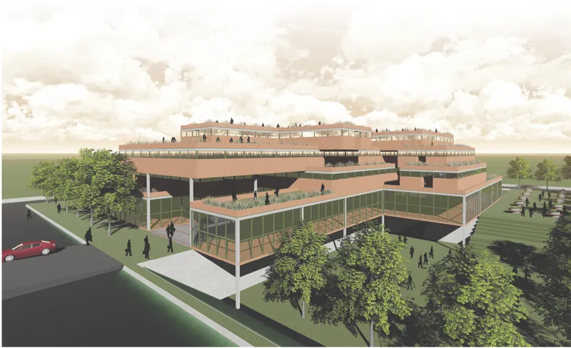 Corner perspective of stacked volumes with terracotta cladding and rooftop terraces populated by figures